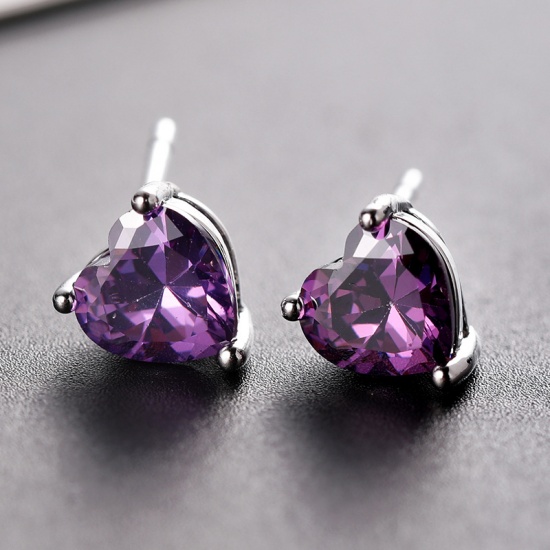 Picture of Brass Birthstone Ear Post Stud Earrings Silver Tone Heart February Purple Cubic Zirconia 17mm x 7mm, 1 Pair                                                                                                                                                   