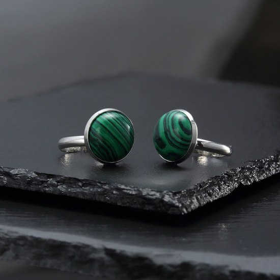 Picture of Copper & Malachite ( Synthetic ) Open Adjustable Rings Silver Tone Peacock Green Round 18mm(US Size 7.75), 1 Piece