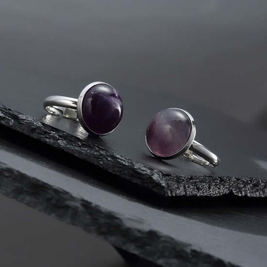 Picture of Copper & Amethyst ( Natural ) Open Adjustable Rings Silver Tone Purple Round 18mm(US Size 7.75), 1 Piece