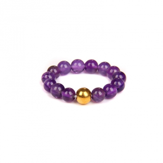 Picture of Copper & Amethyst ( Natural ) Adjustable Stylish Beaded Stackable Rings Gold Plated Purple Round 19mm(US Size 9), 1 Piece