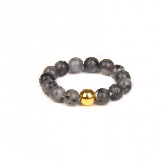 Picture of Spectrolite ( Natural ) Adjustable Stylish Beaded Stackable Rings Gold Plated Gray Round 19mm(US Size 9), 1 Piece