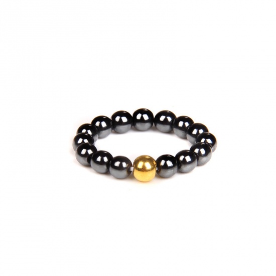 Picture of Hematite ( Natural ) Adjustable Stylish Beaded Stackable Rings Gold Plated Black Round 19mm(US Size 9), 1 Piece