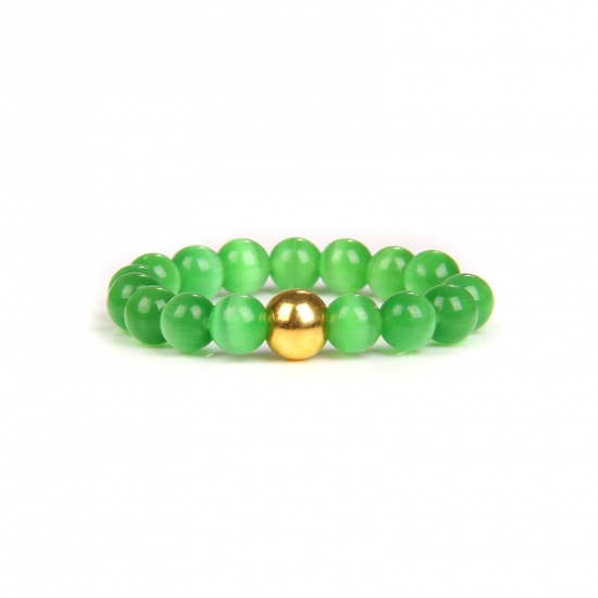 Picture of Cat's Eye Glass ( Natural ) Adjustable Stylish Beaded Stackable Rings Gold Plated Green Round 19mm(US Size 9), 1 Piece
