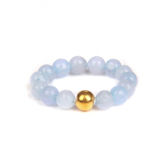 Picture of Aquamarine ( Natural ) Adjustable Stylish Beaded Stackable Rings Gold Plated Light Blue Round 19mm(US Size 9), 1 Piece