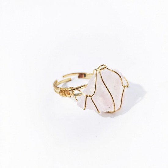 Picture of Rose Quartz ( Natural ) Adjustable Copper Wire Wrapped Rings Gold Plated Light Pink Irregular 22mm(US Size 12.75), 1 Piece