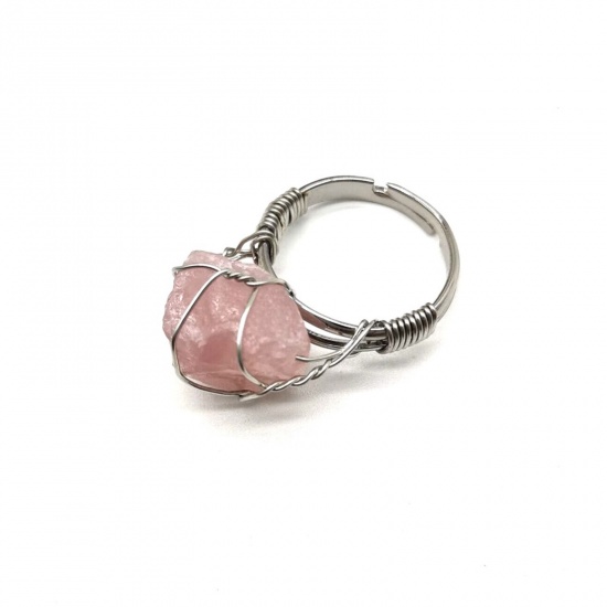 Picture of Rose Quartz ( Natural ) Adjustable Copper Wire Wrapped Rings Silver Tone Pink Irregular 22mm(US Size 12.75), 1 Piece