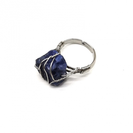 Picture of Lapis Lazuli ( Natural ) Adjustable Copper Wire Wrapped Rings Silver Tone Cyan Irregular 22mm(US Size 12.75), 1 Piece