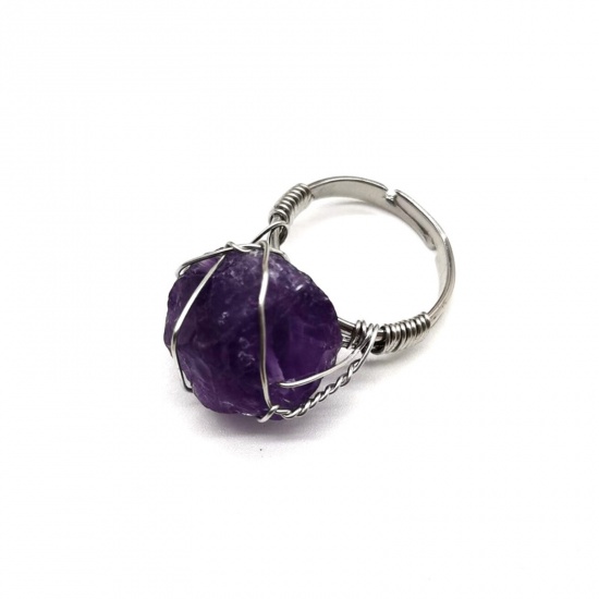 Picture of Amethyst ( Natural ) Adjustable Copper Wire Wrapped Rings Silver Tone Purple Irregular 22mm(US Size 12.75), 1 Piece