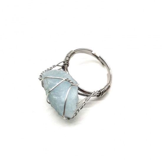 Picture of Aquamarine ( Natural ) Adjustable Copper Wire Wrapped Rings Silver Tone Light Blue Irregular 22mm(US Size 12.75), 1 Piece
