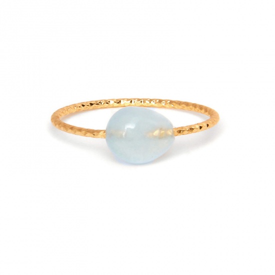 Picture of Stainless Steel & Aquamarine ( Natural ) Unadjustable Simple Rings Gold Plated Gold Plated Irregular 18mm(US Size 7.75), 1 Piece