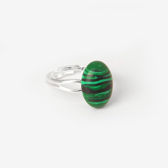 Picture of Malachite ( Synthetic ) Open Adjustable Rings Silver Tone Peacock Green Oval 17.3mm(US Size 7), 1 Piece