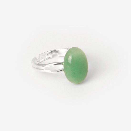 Picture of Aventurine ( Natural ) Open Adjustable Rings Silver Tone Green Oval 17.3mm(US Size 7), 1 Piece