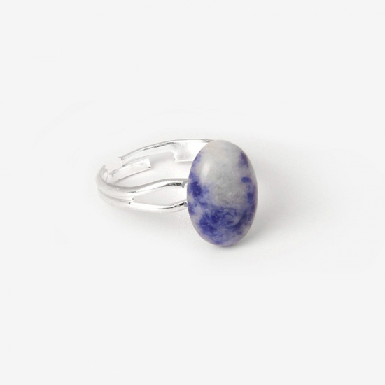 Picture of Stone ( Natural ) Open Adjustable Rings Silver Tone Blue Oval 17.3mm(US Size 7), 1 Piece