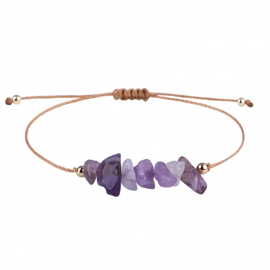 Picture of Natural Amethyst Boho Chic Bohemia Adjustable Braided Bracelets Purple Chip Beads 30cm(11 6/8") long, 1 Piece