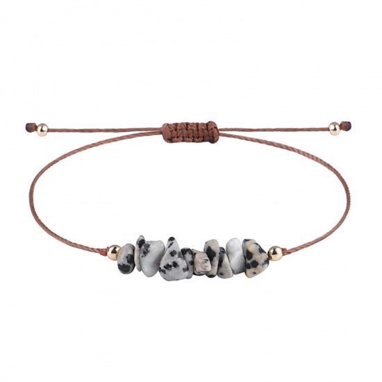 Picture of Natural Speckled Stone Limestone Boho Chic Bohemia Adjustable Braided Bracelets Taupe Chip Beads 30cm(11 6/8") long, 1 Piece