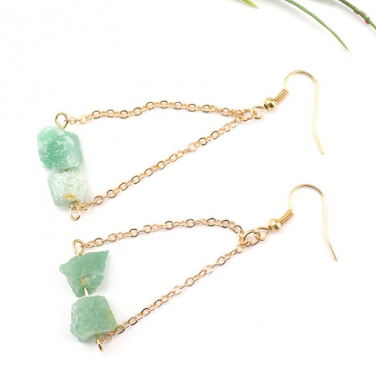 Picture of Green Aventurine ( Natural ) Boho Chic Bohemia Ear Post Stud Earrings Gold Plated Green Irregular 6cm x 3cm, Post/ Wire Size: (20 gauge), 1 Pair