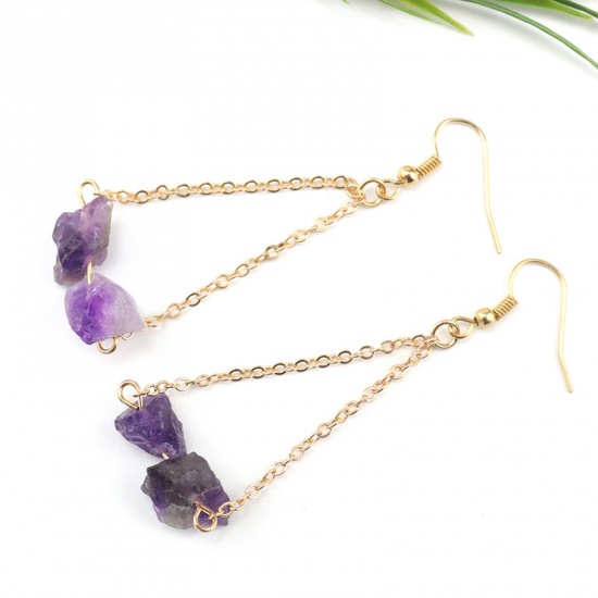 Picture of Amethyst ( Natural ) Boho Chic Bohemia Ear Post Stud Earrings Gold Plated Purple Irregular 6cm x 3cm, Post/ Wire Size: (20 gauge), 1 Pair