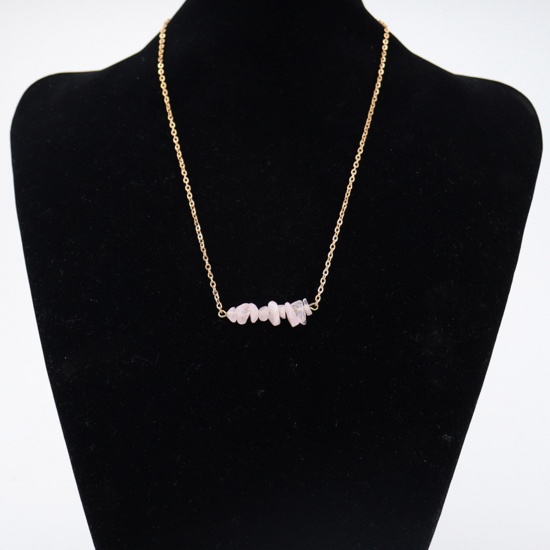 Picture of Rose Quartz ( Natural ) Boho Chic Bohemia Necklace Gold Plated Light Pink Irregular 48cm(18 7/8") long, 1 Piece