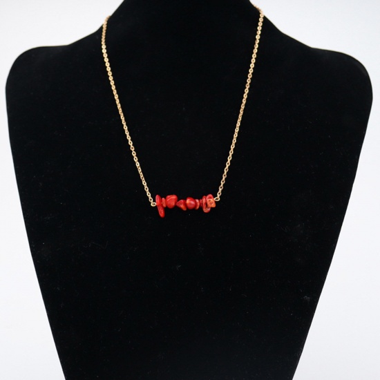 Picture of Coral ( Natural ) Boho Chic Bohemia Necklace Gold Plated Red Irregular 48cm(18 7/8") long, 1 Piece