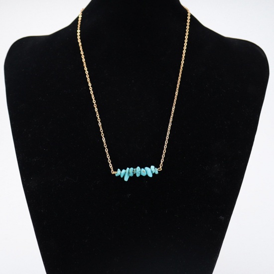 Picture of Turquoise ( Synthetic ) Boho Chic Bohemia Necklace Gold Plated Blue Irregular 48cm(18 7/8") long, 1 Piece