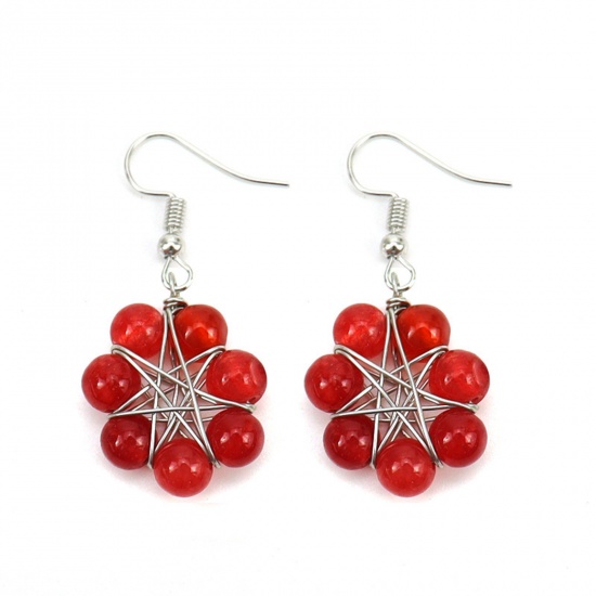 Picture of Red Agate ( Natural ) Yoga Healing Ear Post Stud Earrings Silver Tone Red Star Of David Hexagram Round Wrapped 4.1cm, Post/ Wire Size: (20 gauge), 1 Pair
