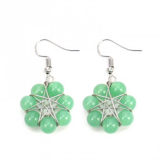 Picture of Green Aventurine ( Natural ) Yoga Healing Ear Post Stud Earrings Silver Tone Green Star Of David Hexagram Round Wrapped 4.1cm, Post/ Wire Size: (20 gauge), 1 Pair