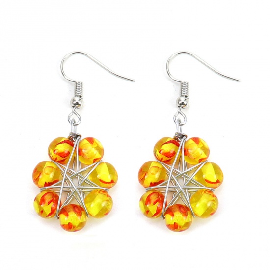 Picture of Amber ( Synthetic ) Yoga Healing Ear Post Stud Earrings Silver Tone Orange Star Of David Hexagram Round Wrapped 4.1cm, Post/ Wire Size: (20 gauge), 1 Pair