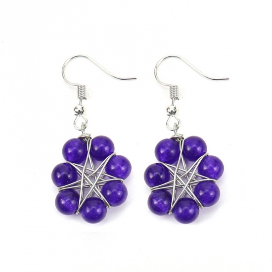 Picture of Amethyst ( Natural ) Yoga Healing Ear Post Stud Earrings Silver Tone Purple Star Of David Hexagram Round Wrapped 4.1cm, Post/ Wire Size: (20 gauge), 1 Pair