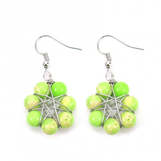 Picture of Emperor Stone ( Natural ) Yoga Healing Ear Post Stud Earrings Silver Tone Green Star Of David Hexagram Round Wrapped 4.1cm, Post/ Wire Size: (20 gauge), 1 Pair