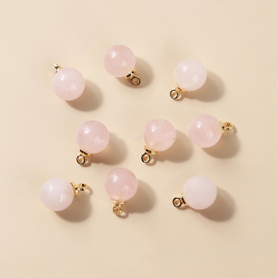 Picture of Rose Quartz ( Natural ) Charms Gold Plated Light Pink Ball 12mm Dia., 10 PCs