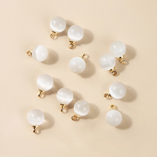 Picture of Cat's Eye Glass ( Natural ) Charms Gold Plated White Ball 6mm Dia., 10 PCs