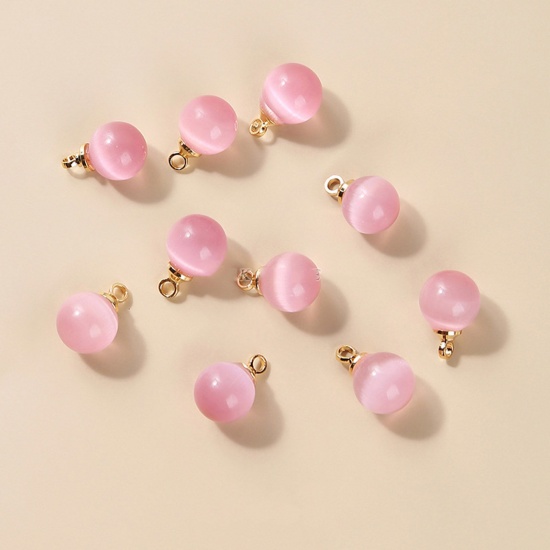 Picture of Cat's Eye Glass ( Natural ) Charms Gold Plated Light Pink Ball 6mm Dia., 10 PCs