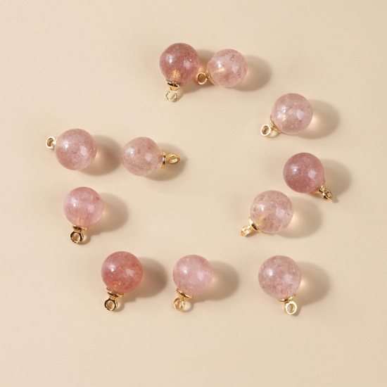 Picture of Strawberry Quartz ( Natural ) Charms Gold Plated Light Pink Ball 6mm Dia., 10 PCs