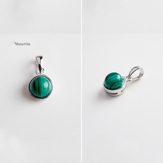 Picture of Malachite ( Natural ) Charms Silver Tone Green Round 14mm x 7mm, 1 Piece