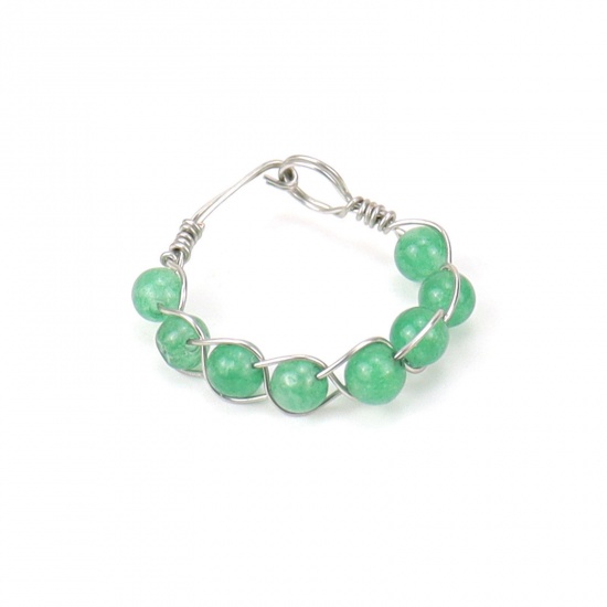 Picture of Aventurine ( Synthetic ) Adjustable Wire Wrapped Beaded Rings Silver Tone Green Round 19.8mm(US Size 10), 1 Piece