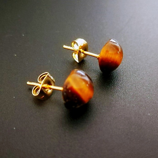 Picture of Tiger's Eyes ( Natural ) Ear Post Stud Earrings Gold Plated Brown Yellow Irregular Post/ Wire Size: (20 gauge), 1 Pair