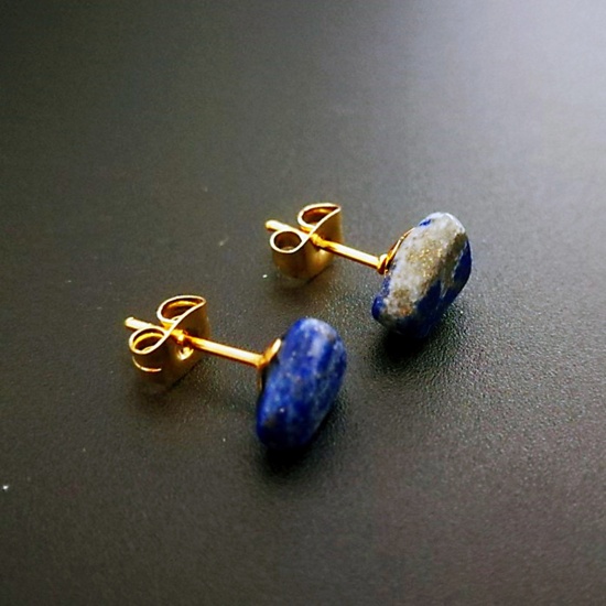 Picture of Lapis Lazuli ( Natural ) Ear Post Stud Earrings Gold Plated Cyan Irregular Post/ Wire Size: (20 gauge), 1 Pair