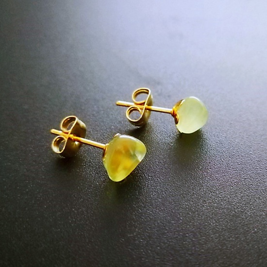 Picture of Prehnite ( Natural ) Ear Post Stud Earrings Gold Plated Yellow Irregular Post/ Wire Size: (20 gauge), 1 Pair