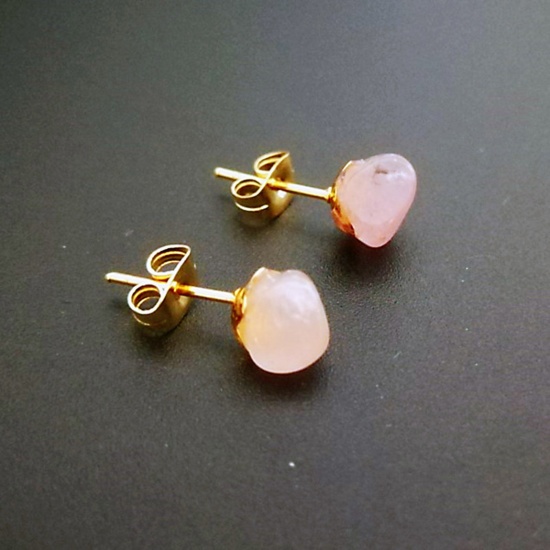 Picture of Rose Quartz ( Natural ) Ear Post Stud Earrings Gold Plated Light Pink Irregular Post/ Wire Size: (20 gauge), 1 Pair