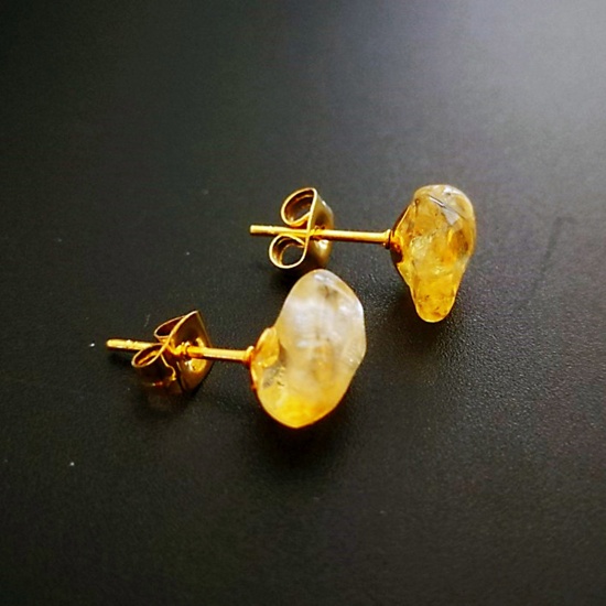 Picture of Citrine ( Natural ) Ear Post Stud Earrings Gold Plated Yellow Irregular Post/ Wire Size: (20 gauge), 1 Pair