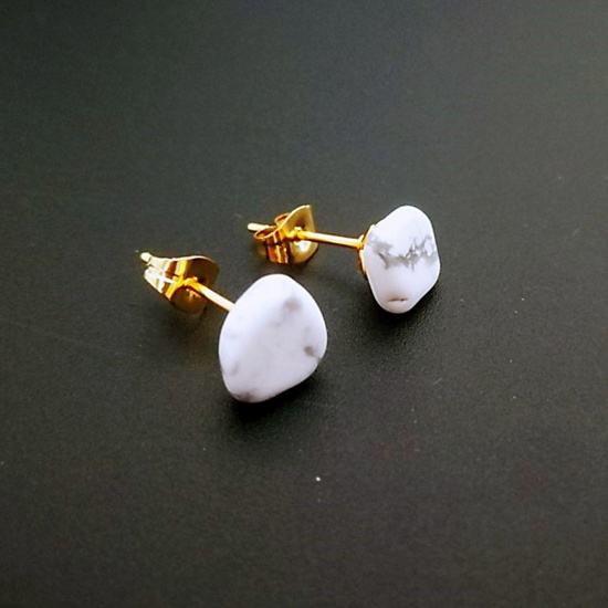 Picture of Howlite ( Synthetic ) Ear Post Stud Earrings Gold Plated White Irregular Post/ Wire Size: (20 gauge), 1 Pair