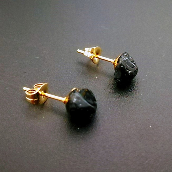 Picture of Obsidian ( Natural ) Ear Post Stud Earrings Gold Plated Black Irregular Post/ Wire Size: (20 gauge), 1 Pair