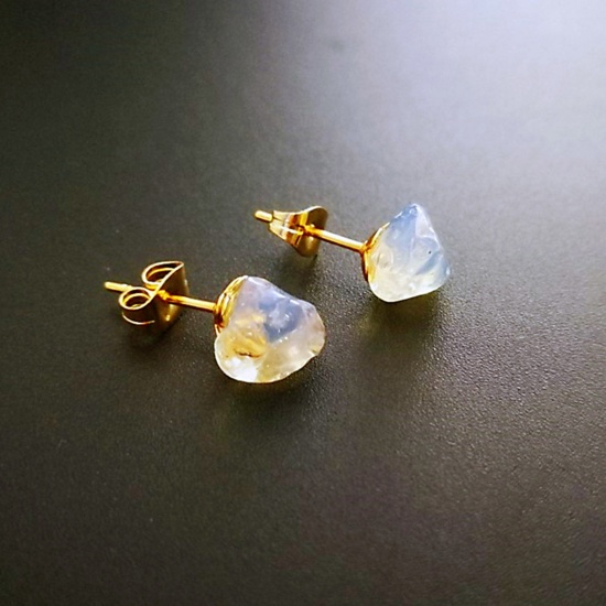 Picture of Opal ( Synthetic ) Ear Post Stud Earrings Gold Plated Ivory Irregular Post/ Wire Size: (20 gauge), 1 Pair