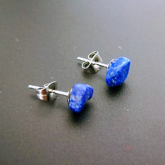 Picture of Lapis Lazuli ( Natural ) Ear Post Stud Earrings Silver Tone Cyan Irregular Post/ Wire Size: (20 gauge), 1 Pair