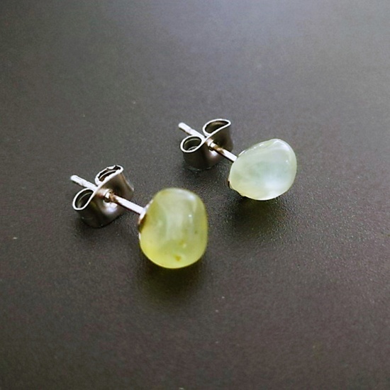 Picture of Prehnite ( Natural ) Ear Post Stud Earrings Silver Tone Yellow Irregular Post/ Wire Size: (20 gauge), 1 Pair