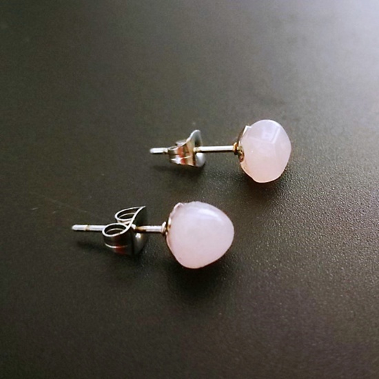 Picture of Rose Quartz ( Natural ) Ear Post Stud Earrings Silver Tone Light Pink Irregular Post/ Wire Size: (20 gauge), 1 Pair