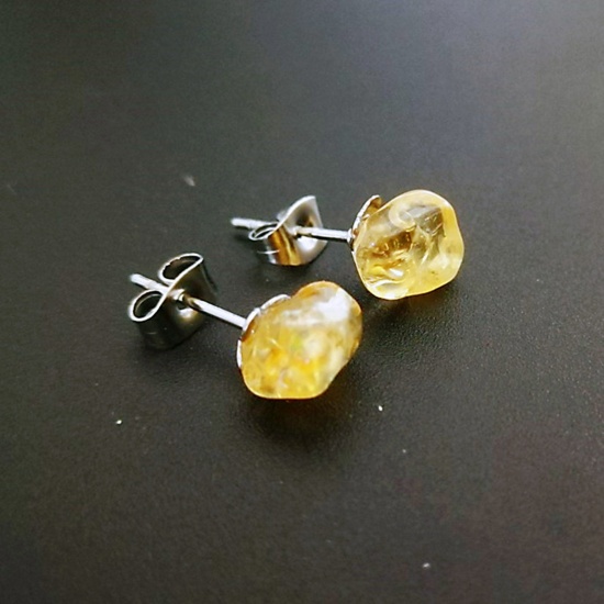 Picture of Citrine ( Natural ) Ear Post Stud Earrings Silver Tone Yellow Irregular Post/ Wire Size: (20 gauge), 1 Pair