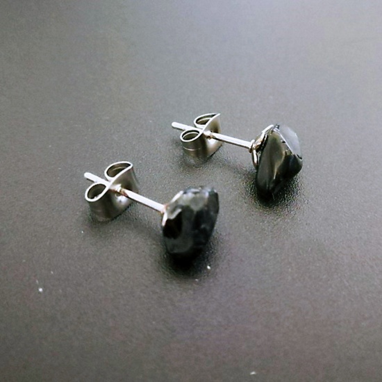 Picture of Obsidian ( Natural ) Ear Post Stud Earrings Silver Tone Black Irregular Post/ Wire Size: (20 gauge), 1 Pair