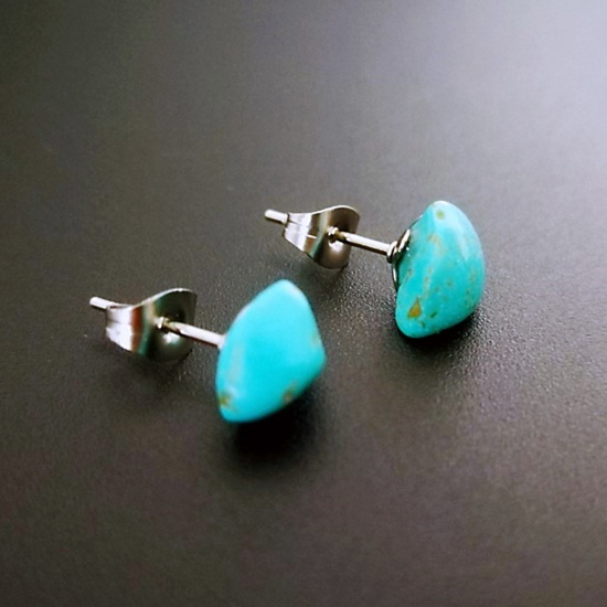 Picture of Turquoise ( Synthetic ) Ear Post Stud Earrings Silver Tone Green Irregular Post/ Wire Size: (20 gauge), 1 Pair