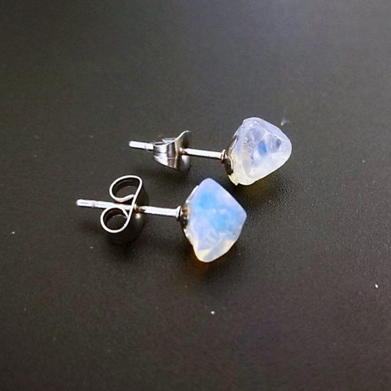 Picture of Opal ( Synthetic ) Ear Post Stud Earrings Silver Tone Ivory Irregular Post/ Wire Size: (20 gauge), 1 Pair